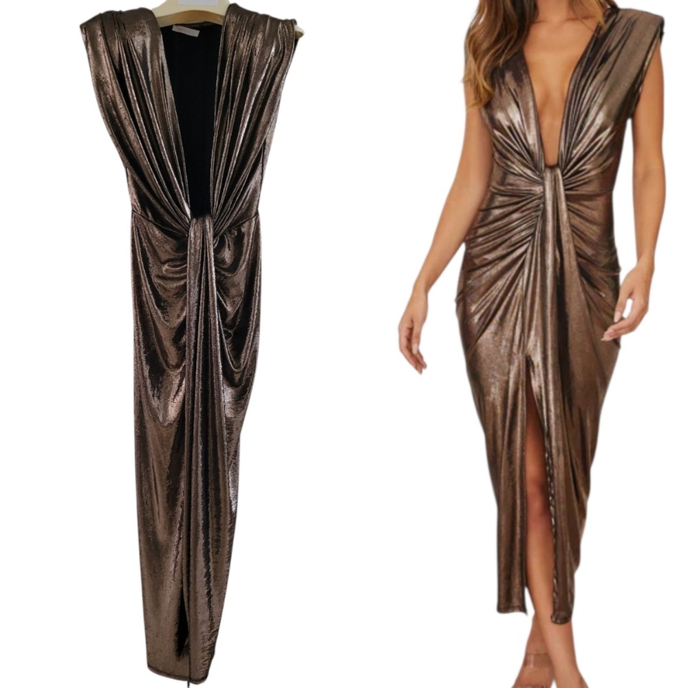 Milio Milano Metallic Deep V Sleeveless Gown Medium Front Slit Shoulder Pads